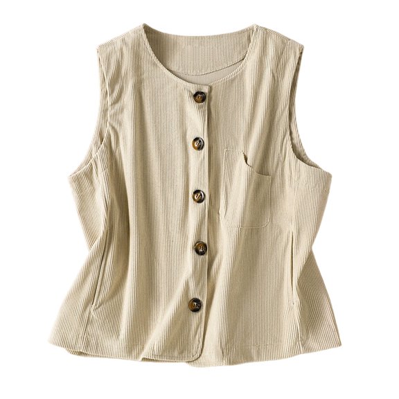 SAWOBUUN Women Vintage Button Down Vest Round Neck Sleeveless Casual Loose Slim Tops with Pocket