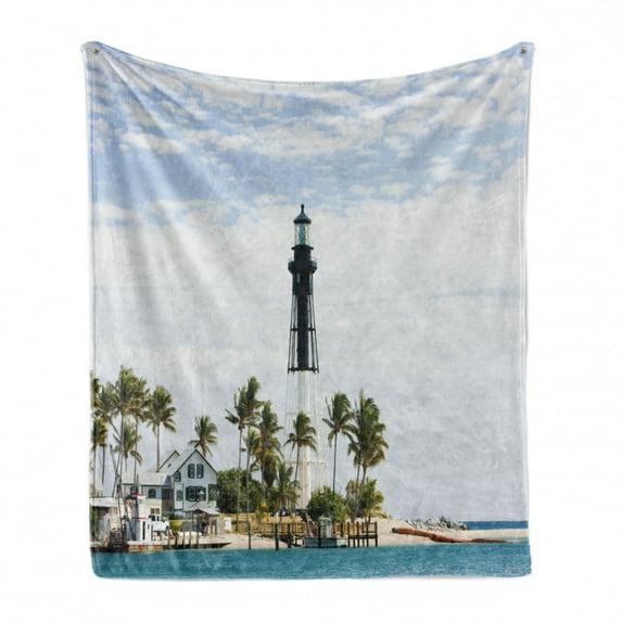 United States Soft Flannel Fleece Blanket, Hillsboro Lighthouse Pompano Beach Florida Atlantic Ocean Palms Coast, Cozy Plush for Indoor and Outdoor Use, 50" x 70", Blue White Green, by Ambesonne