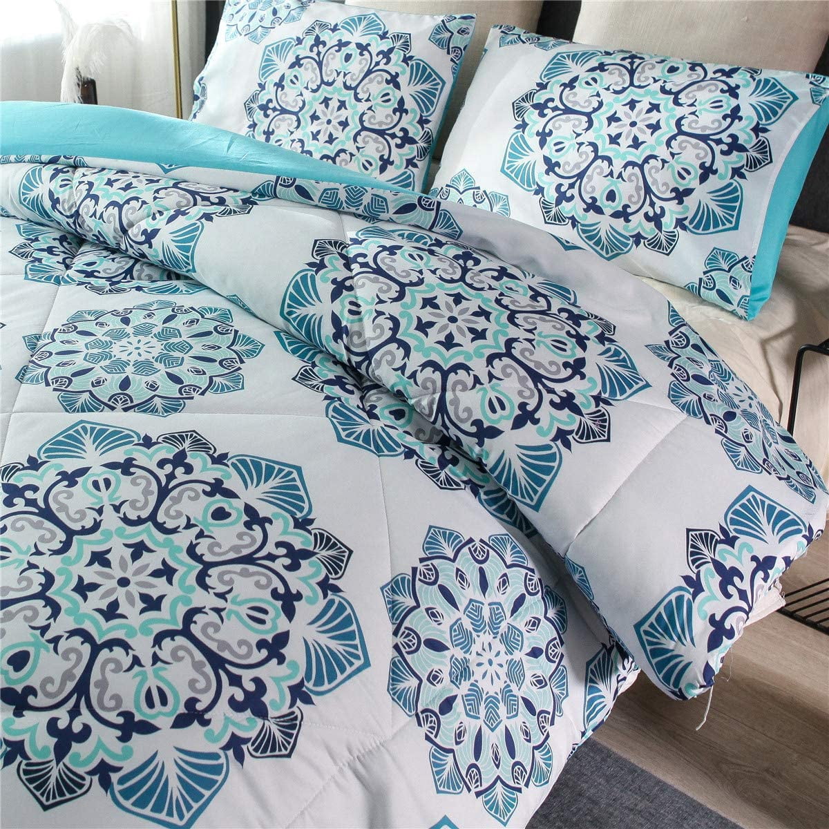 NTBED Bohemian 3-Pieces Teal Aqua Blue Mandala Comforter Bedding Sets, Queen