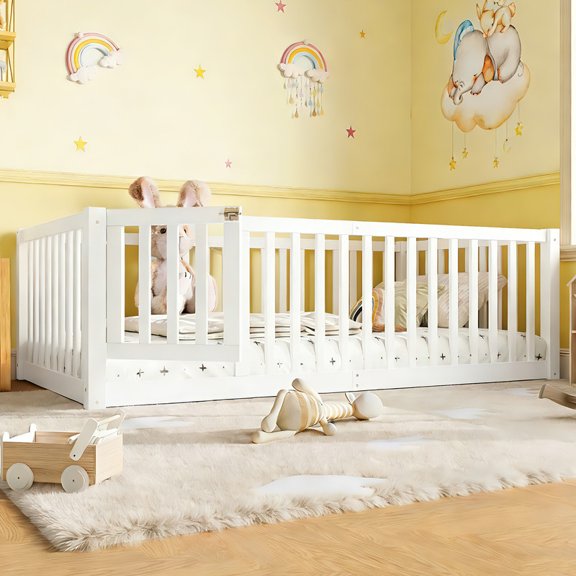 Bellemave Twin Montessori Bed Frame, Wood Twin Size Floor Bed with High Fence Rails, Twin Beds Frame for Bedroom Playroom (White)