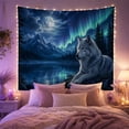 thumbnail image 2 of Gray Wolf Resting on Rocky Terrain with Full Moon and Aurora Borealis, Mystical Fantasy for Nature Lovers, Wildlife Night Wall Decor, Halloween Gift Tapestry Wall Hanging for Bedroom and Dorm, 2 of 7