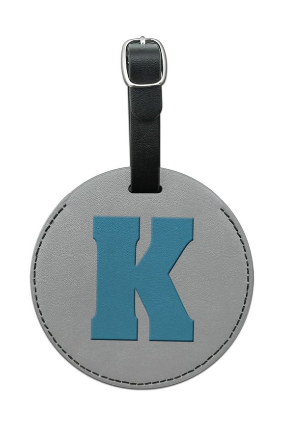 Letter K Initial Baby Boy Block Font Blue Shower Round Leather Luggage ID Bag Tag