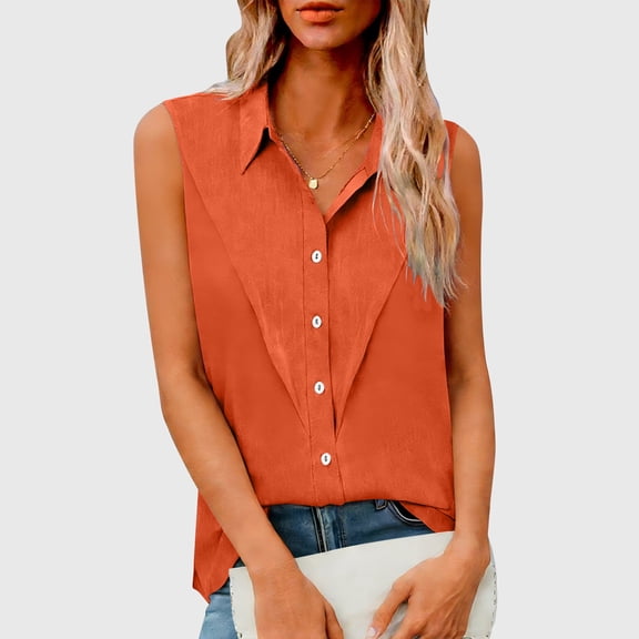 QUNYINEY Orange Women Tank Tops Cotton Linen Summer Button Down Shirts Loose Fit Sleeveless Casual Collared Tops for Women Trendy
