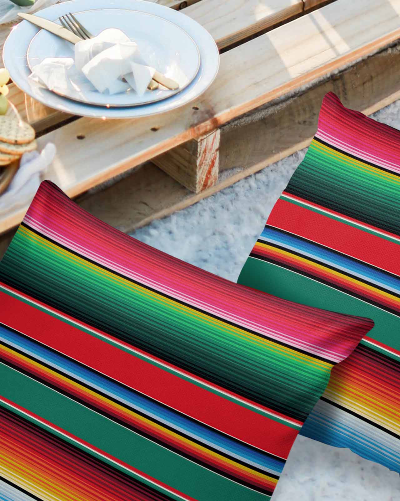 Pack of 2 Outdoor Pillow Covers, Colorful Mexican Stripes Green Red Blue Waterproof Square Throw Pillowcase Cushion Decorative Pillow Covers for Couch Patio Tent, 18x18 in