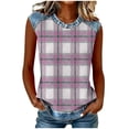 thumbnail image 2 of Uootdi Women's Sleeveless Tops Crew Neck Denim Panel Plaid Print Tops Casual Soft Waffle Knit Blouses Gift, 2 of 7