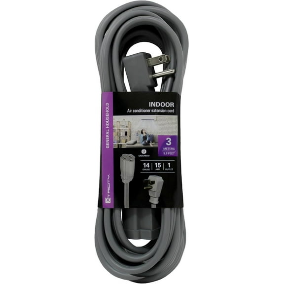 Xtricity 10 FT Heavy Duty Air Conditioner and Appliance Extension Cord, 14 Gauge, 15 Amp, Grey