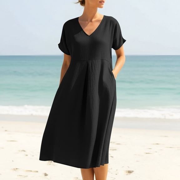 AUNVITO Women's V-Neck Solid Color Casual Short Dress with Long Sleeve and Pocket