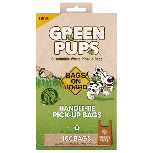 Bags on Board Green Pups Dog Waste Handle Tie Bags, 7x15 in, 100 bags