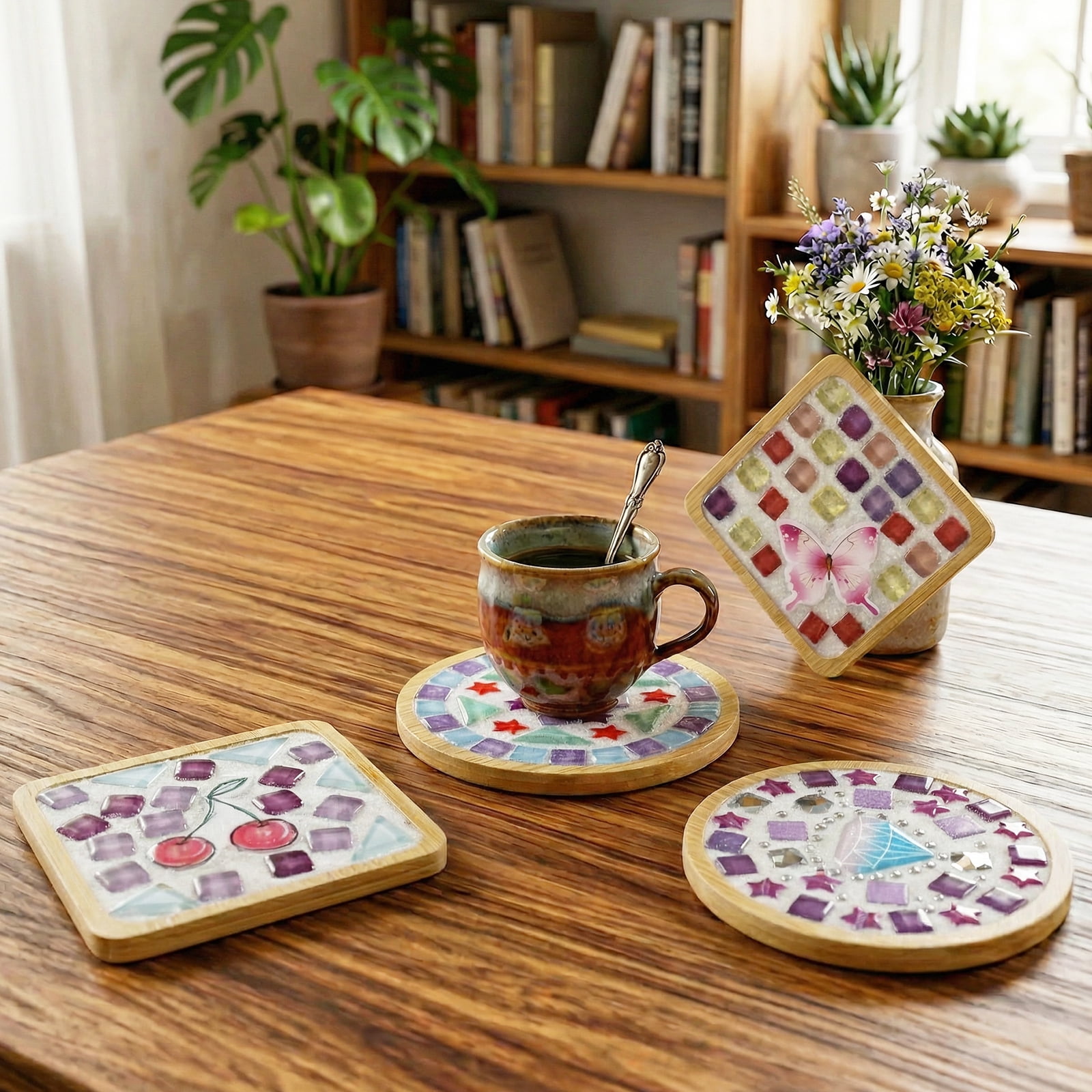 Austok 4Pcs DlY Mosaic Tile for Cup Pads Craft Mixed Color Glass Tile Kit with Bamboo Cup Pad for Adult DlY Cup Pad Kit Mosaic Supply for Handmade Home Decoration Present