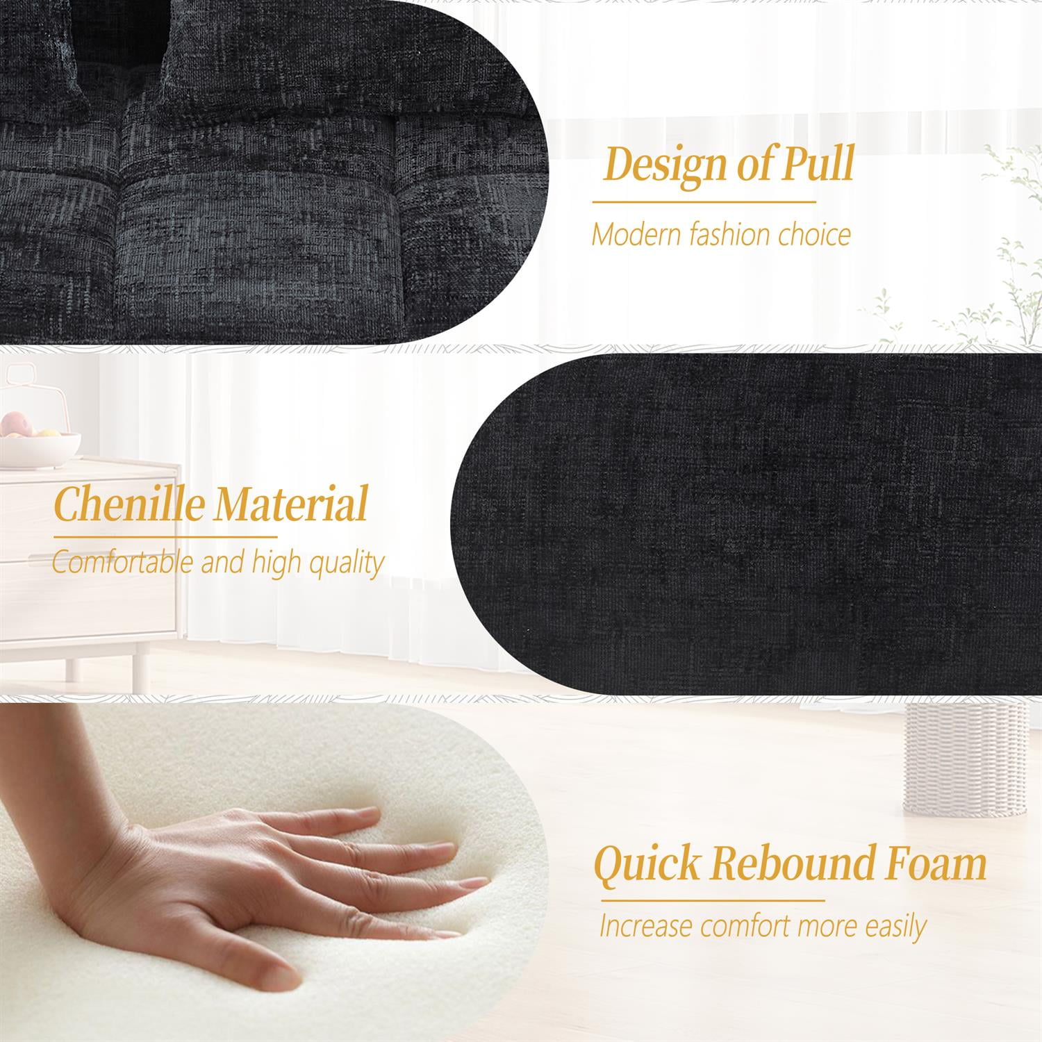 Demi Bonn 62" Plush Chenille Loveseat Sofa, Modular Sleeper for Living Room, Bedroom, Apartment Lounge, Stylish & Comfortable Couch, Black