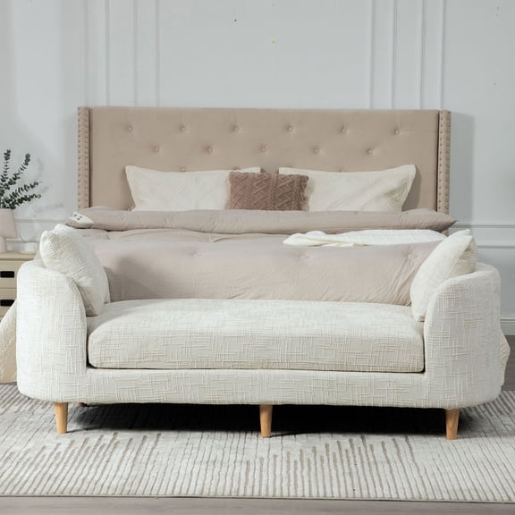 S-HOME Versatile Backless Accent Bench with 2 Bolster Pillows Rubberwood Legs 77.17 Inch Chenille Chaise Lounge for Living Room and Bedroom Use , Beige