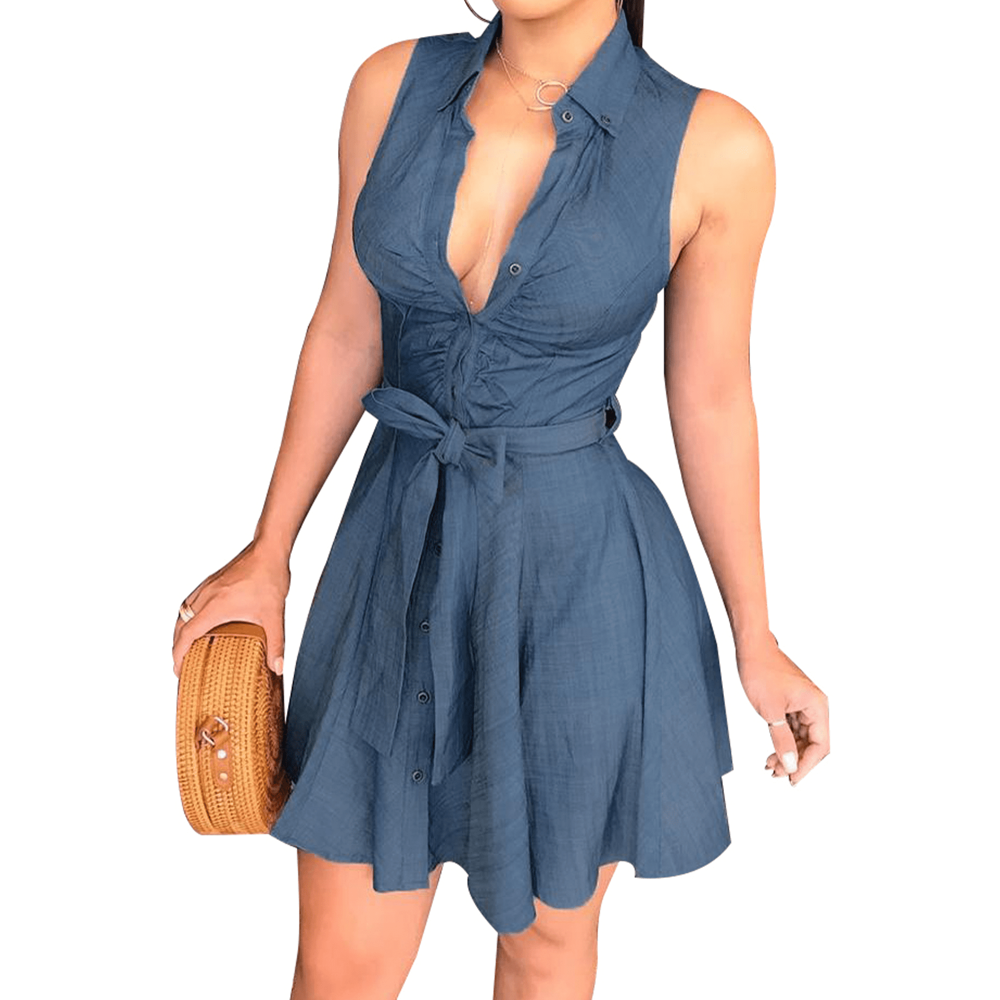 Women Sleeveless Denim Blue Dress Belted Party Cocktail Short Mini