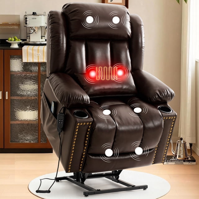 INGALIK Dual Motor Large Power Lift Recliner Chair For Elderly, Infinite Position Lay Flat Recliner with Massage and Heat, Electric Leather Recliner, Extended Footrest, USB Ports, Cup Holders (Brown)