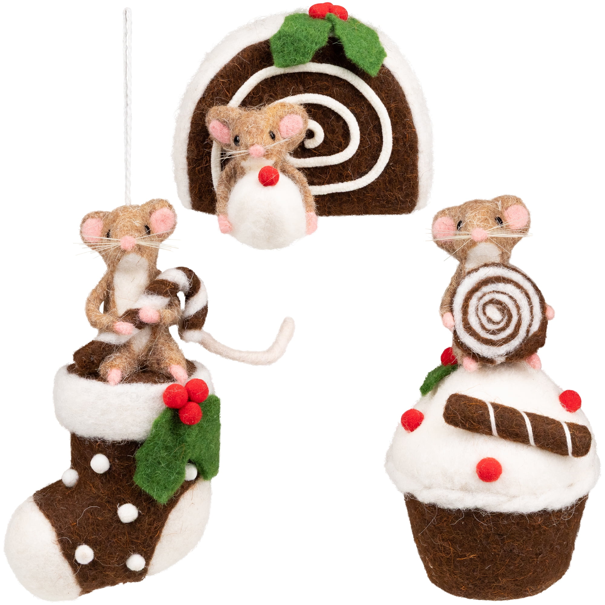 Mice with Cake and Candies Christmas Decorations - 7" - Brown and White - Set of 3