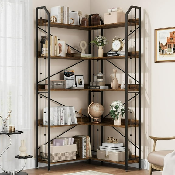 Corner Bookshelf,5 Tier Corner Bookshelf,L Shaped Bookcase,Industrial 72 "Tall Display Rack Shelf with Metal Frame for Living Room Bedroom Office