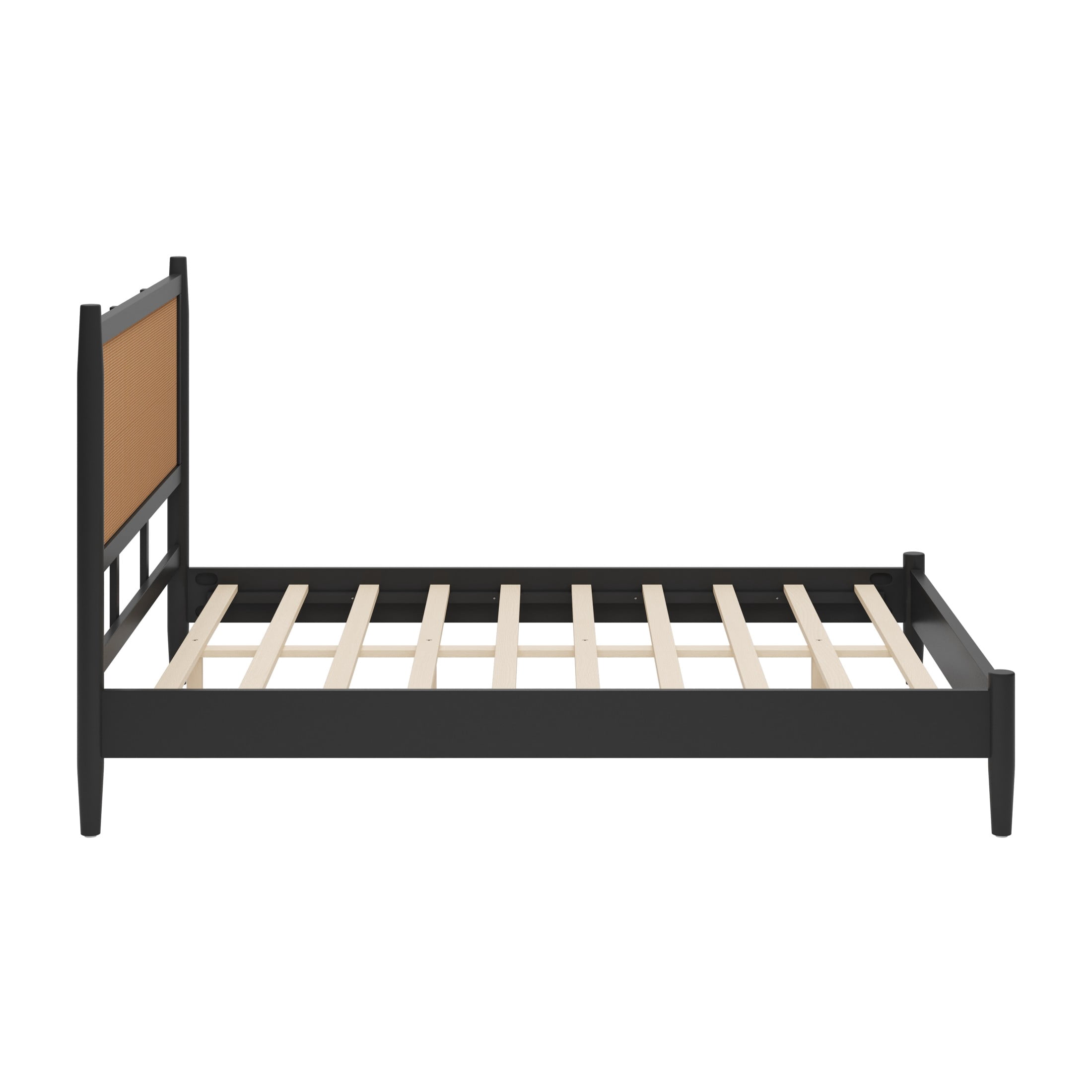 Christopher Knight Home Boho Queen Platform Bed Frame with Rattan Headboard, Wood Slat Support, Black