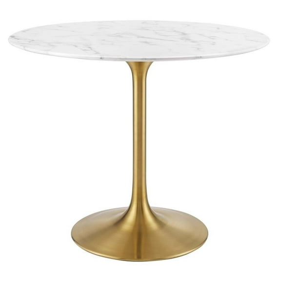 Pemberly Row 36" Round Faux Marble & Metal Dining Table in Gold and White
