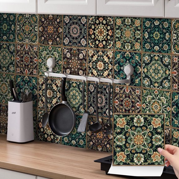24Pcs Waterproof Tiles Wall Stickers Decals Square 8 x 8in Peel and Stick Kitchen Backsplash Multicolor Flower Decoration Self Adhesive Mural