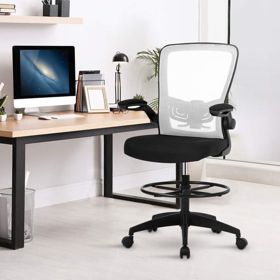 Mesh Drafting Chair Tall Office Chair for Standing Desk Ergonomic Back Support Desk Chair Adjustable Height Task Chair with Foot Ring and Adjustable Flip Up Arms for Short People, Blue