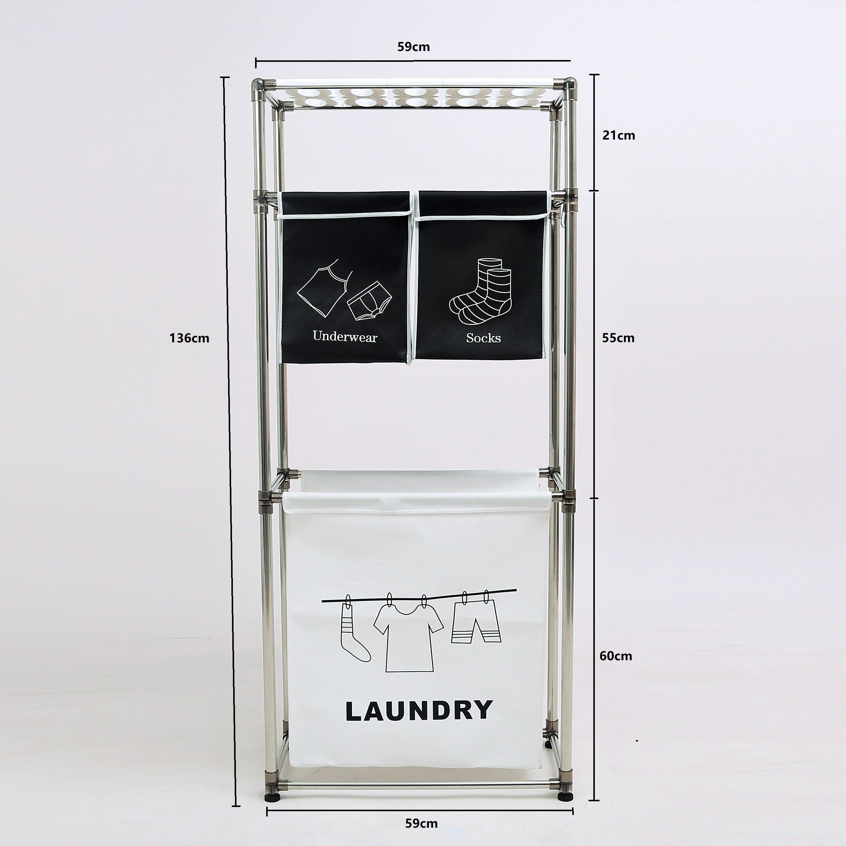 3 Tier Rolling Laundry Sorter with 4 Removable Bags, Wheels and Hooks, Fabric Hamper for Organizing Lights Darks, Waterproof MDF Board, Black White