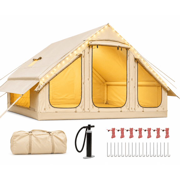 Inflatable Camping Tents With Hand Pump, Air Glamping Tents, Easy SetupWaterproofand Windproof Blow Up Tent, 4 Seasons Oxford Cabin Tent With esh &ChimneyWindow.