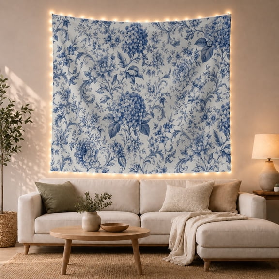 Dense Blue Hydrangea on Cream Background, Nostalgic Vintage for Art Lovers, Chinoiserie Toile Decor, Housewarming Gift, Tapestry Wall Hanging for Living Room and Dining Room