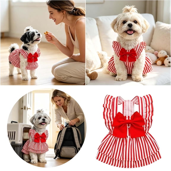 YYDENG Cute Bow Striped Dog Cat Dress, Built‑in Leash Hook Design, Light Polyester Spring Summer Daily Outfit for Small Pets XS‑XL Sizes