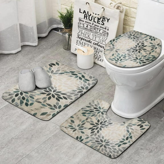Green Leaf Pattern Bathroom Rugs Sets 3 Piece,Toilet Cover Set,Absorbent Non Slip Bathroom Mats Sets with U-Shaped Contour Rug Toilet Rug Set