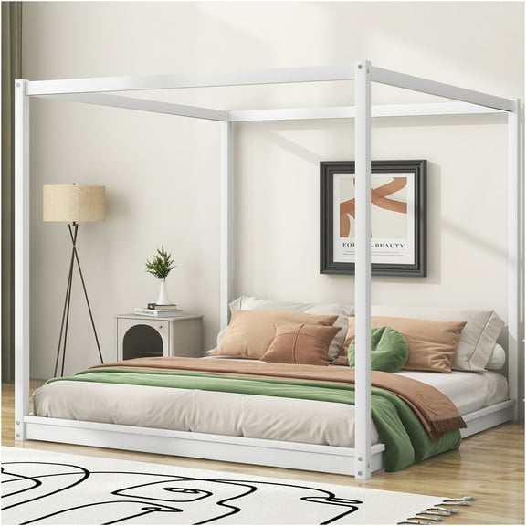 JERFIT Size Canopy Platform Bed with Support Legs White