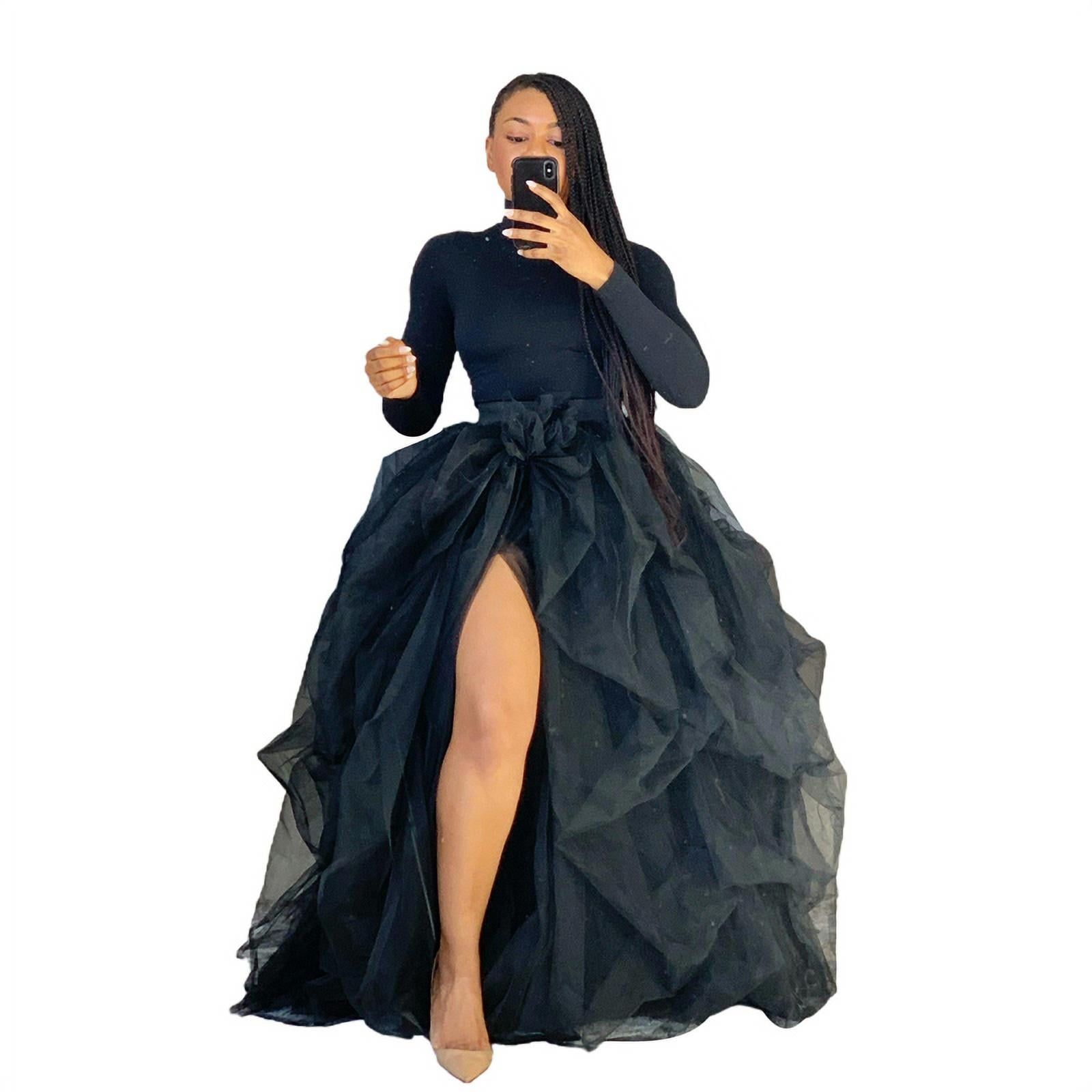 Cathery Women Hi Slit Tutu Maxi Dress Tulle Ruffle Mesh Lace Long Skirt Floor Length Layered Evening Dress Wedding Night Party Skirt, Women's, Size: