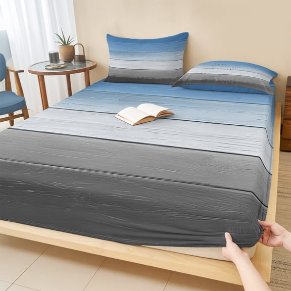 Cal.King Size Fitted Sheet Set - Blue Gray 3 Piece Bedding Sets 16" Deep Pocket Fitted Sheet with 2 Pillowcases, Vintage Farmhouse Gradient Wooden Grain Art Brushed Microfiber Hotel Luxury Bed Sheets