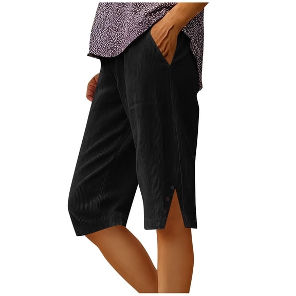 QQAMB Womens Bermuda Shorts Knee Length Dressy Causal Elastic Waist Buttons Linen Shorts with Pockets Summer Beach Outfits Black S