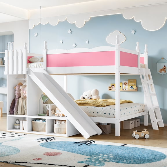 Full Over Full Solid Wood Bunk Bed with Storage Shelves & Built-In Slide, Low Profile Frame with Ladders, Pink and White