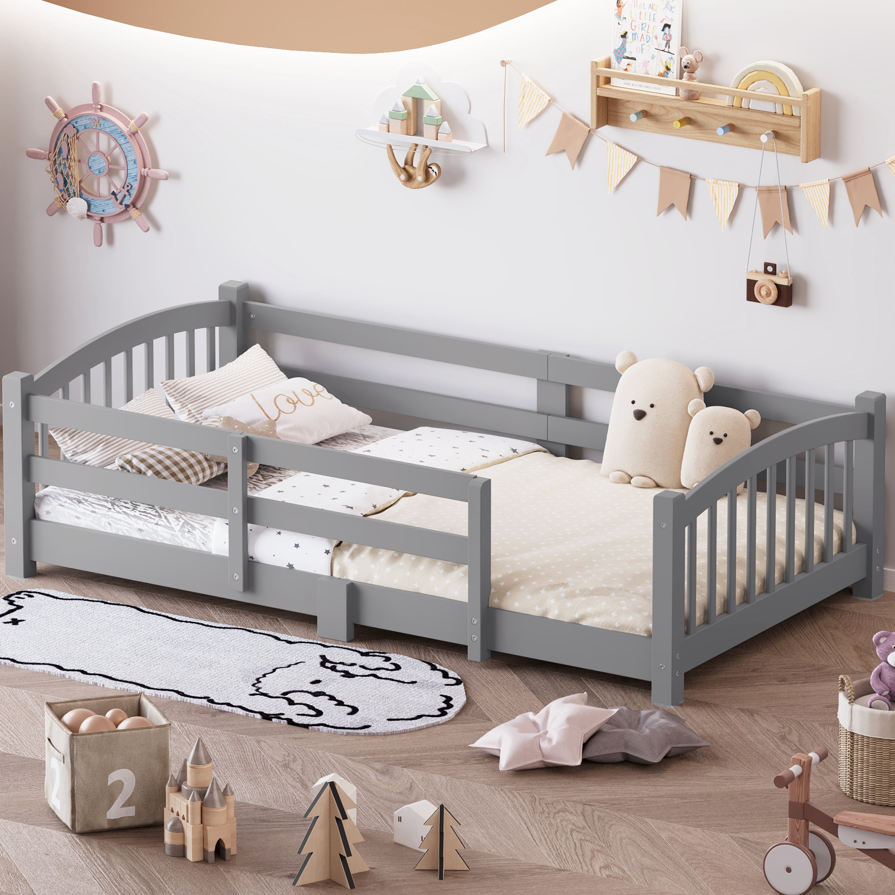 Twin Montessori Floor Bed with Safety Guardrails, Solid Pine Wood Platform Bed with Slats, Gray Toddler Bed for Boys Girls, Easy Assembly