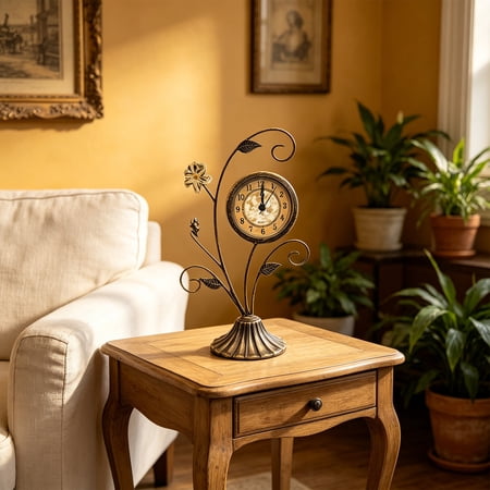 Gallickan Floral Table Clock, Vintage Style Antique Desktop Ornament, Silent Wrought Iron Decorative for Bedroom Living Room