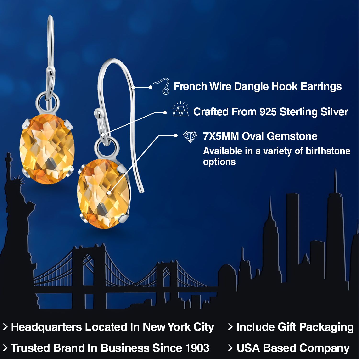 Gem Stone King 925 Sterling Silver Yellow Citrine French Wire Dangle Hook Earrings for Women (1.40 Cttw, Gemstone November Birthstone, Oval Checkerboard 7X5MM)