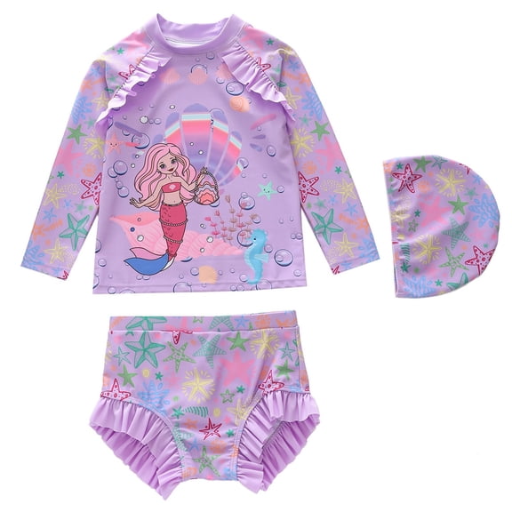 YANGXINX 3 Piece Swimsuit for Girls Cute Cartoon Mermaid Print Rash Guard Long Sleeve Bathing Sets Summer Beach Swimwear(3 14 Years Old). cute swimsuit for girl