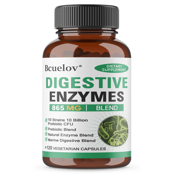 Bcuelov Digestive Enzymes Supplement, with 10 Billion CFU Probiotics, 120 Vegetarian Capsules