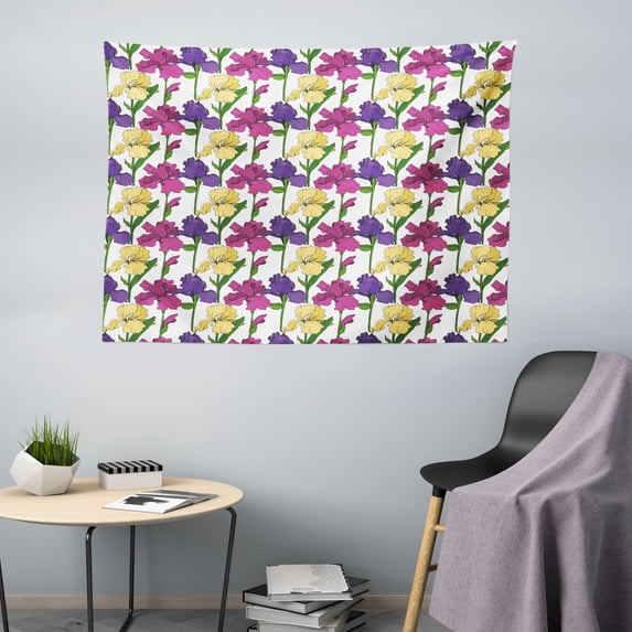 Floral Tapestry, Continuous Iris Botanical Flowers Rustic Style Elements on Plain Background, Fabric Wall Hanging Decor for Bedroom Living Room Dorm, 5 Sizes, White Multicolor, by Ambesonne
