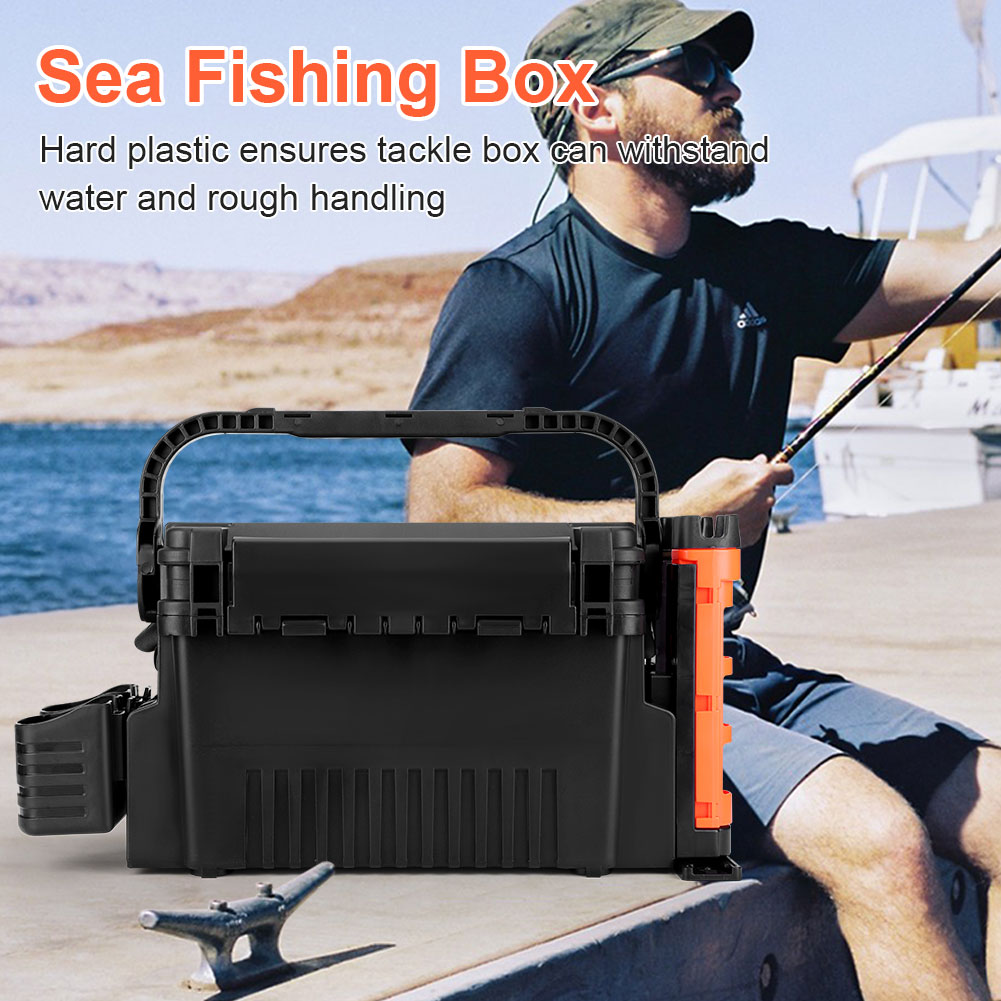 SHegdu 2 Tier Fishing Tackle Box Fishing Tackle Storage Box with Cup & Rod Holder Fishing Gear Carry Case Adjustable Fishing Organizer Case Large Capacity Fishing Accessories