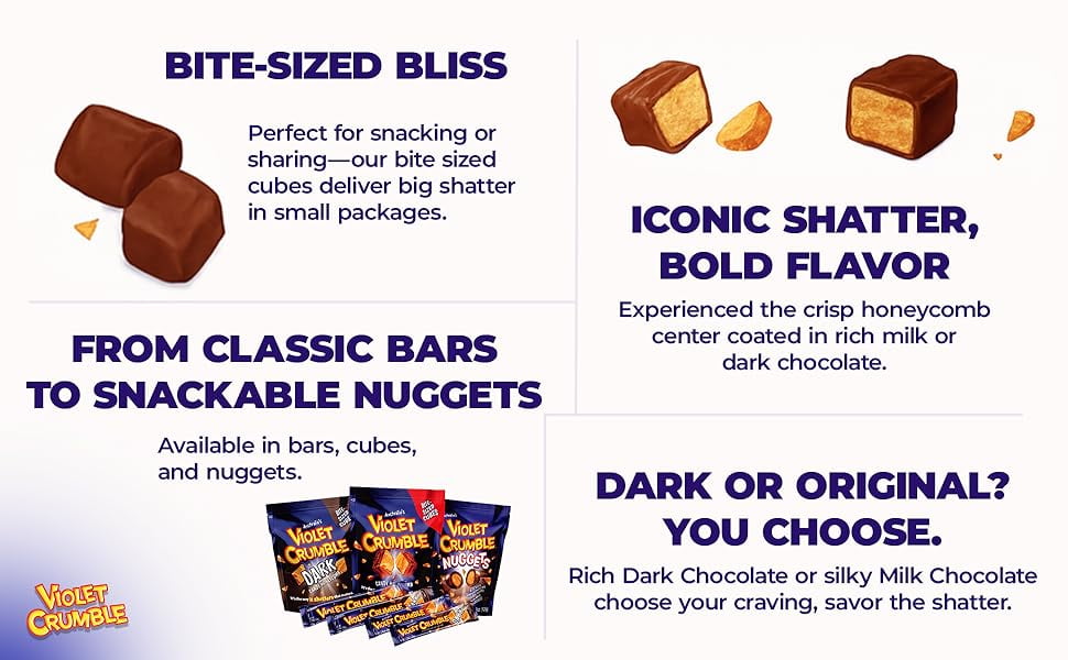 Violet Crumble Chocolate Bars  Honeycomb Toffee Covered in Rich Chocolate  20 Bars x 1.05 OZ (30g)
