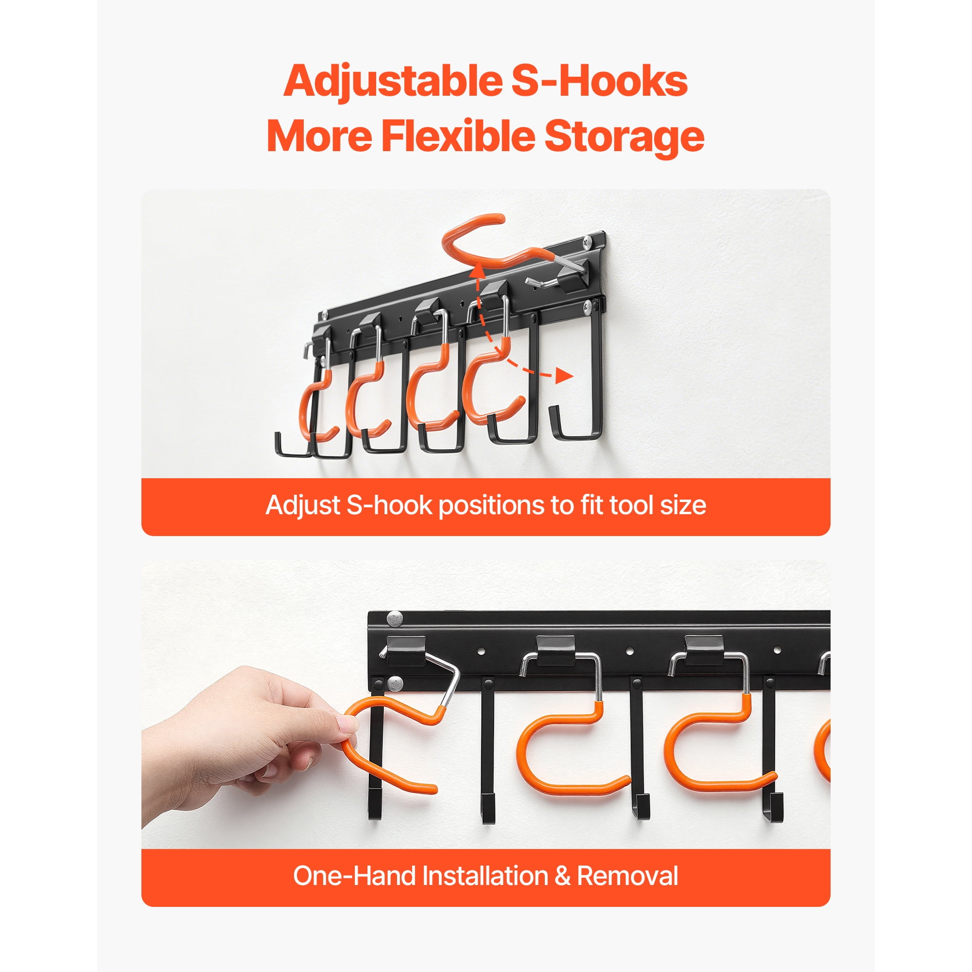 KFFKFF Garage Tool Organizer 68 Inch 450 lbs Wall-Mounted Storage Rack, Durable Hanging System with 4 Rails, 24 Fixed L-Hooks,and 20 Adjustable S-Hooks for Garden Tools,Shovels, and Shed Organization