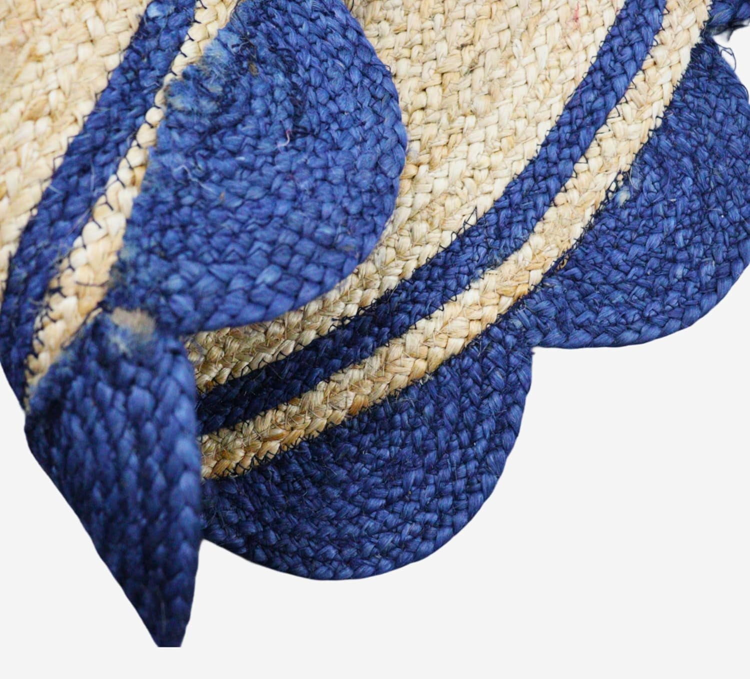 2 Ft Round Navy Blue & Natural Jute Premium Scalloped Jute Rug – Handcrafted Natural Braided Carpet for Living Room, Bedroom, Entryway – Boho Home Decor