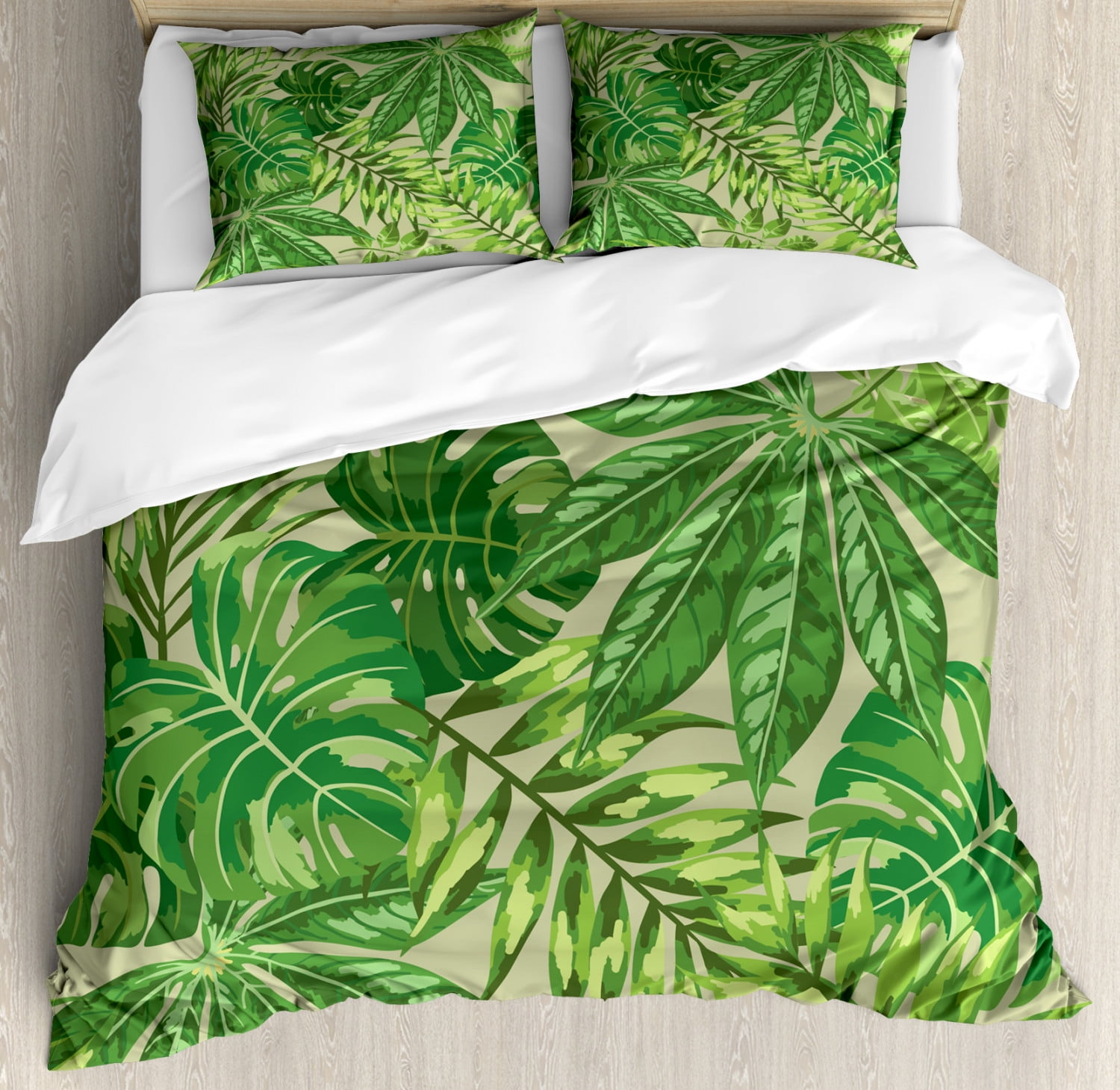 Green Leaf Duvet Cover Set Exotic Pattern With Tropical Leaves