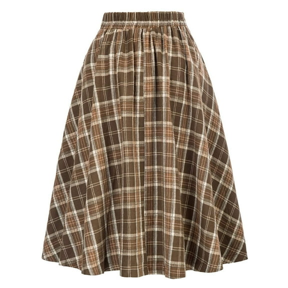 IROINNID Women's Fashion Plaid With Buttons Vintage High Waist Pleated Skirt Mid Empire Waist Mid Print Skirt
