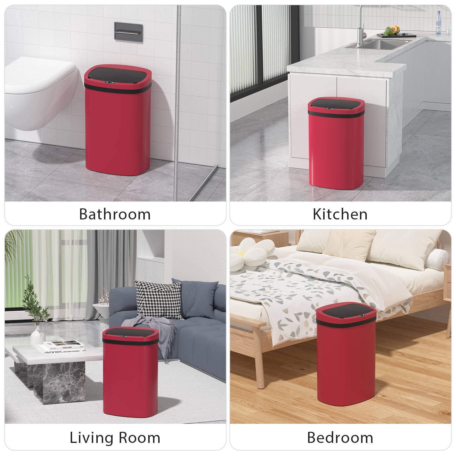 CL.HPAHKL 13 Gallon Automatic Trash Can with Lid, Kitchen Plastic Garbage Can, Red