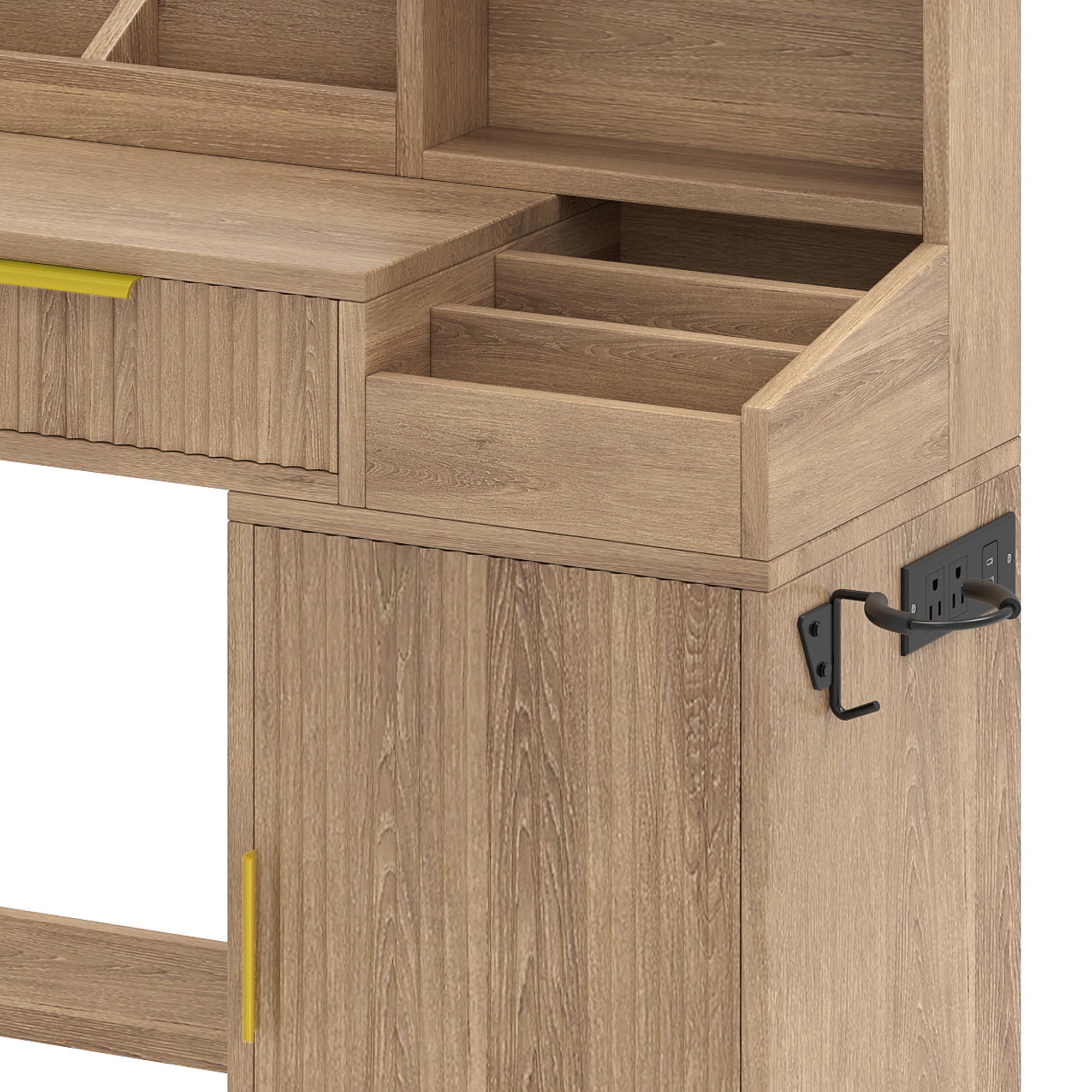 Uforic Vanity Desk with Mirror and LED Lights, Makeup Vanity Table with 2 Drawers & 11 Shelves, Makeup Table with Power Outlet for Bedroom Dressing Room,Oak