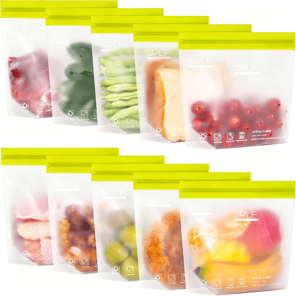 CCOCC 10 Pack Stand-Up Reusable Quart Freezer Bags Dishwasher Safe, Extra Thick Leakproof 1 Quart Food Storage Bags, Bpa Free Bags for Meal Prep, Sandwich, Snack, Fridge Organization