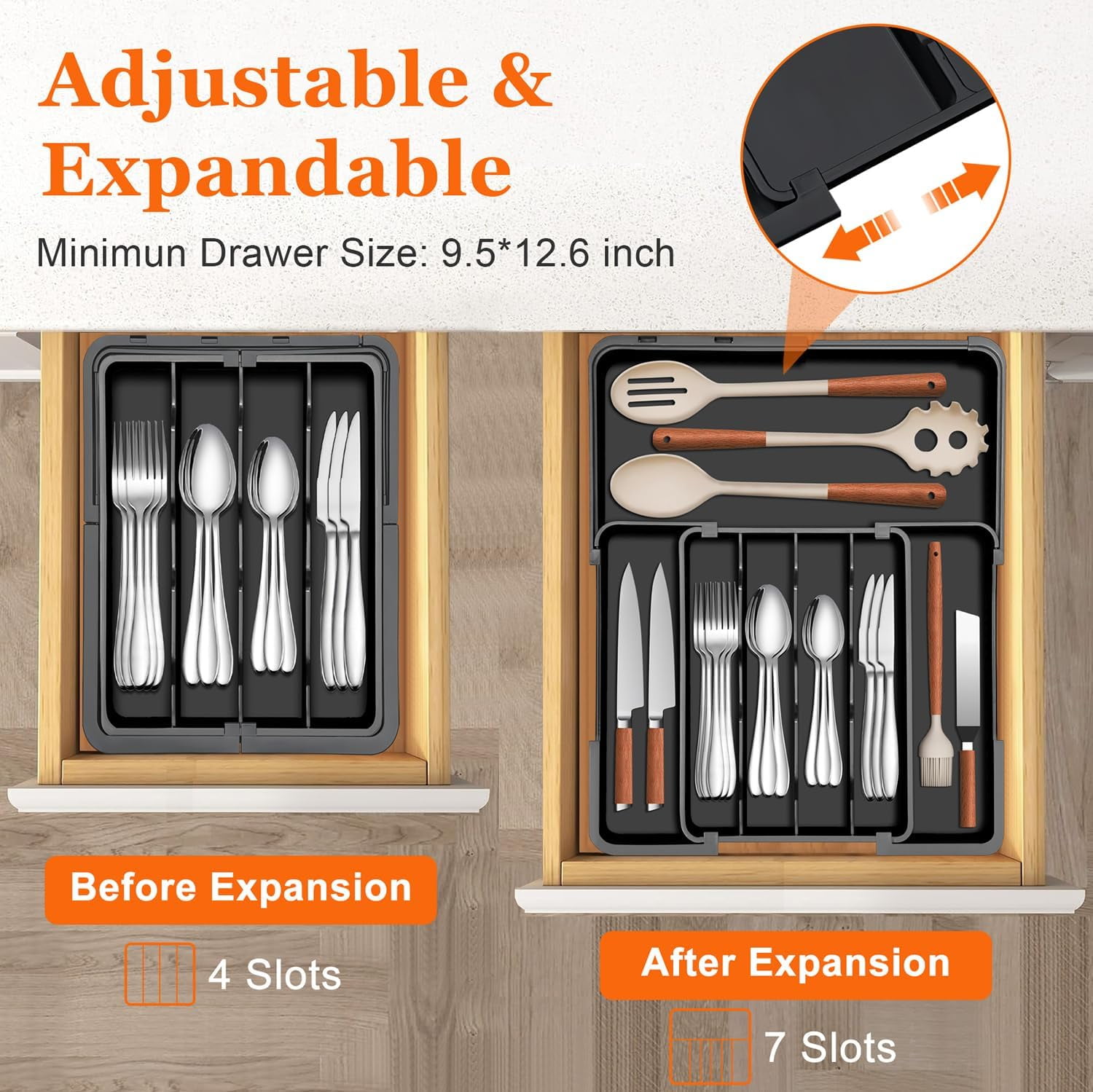 Dish organizer - expandable kitchen drawer organizer, dish drawer organizer, adjustable plastic dish and knife rack, black