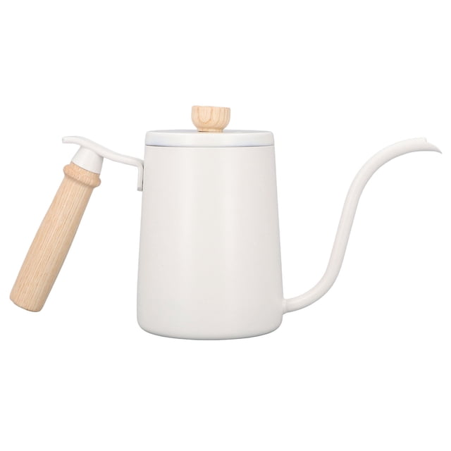 Bouilloire col de cygne à col de cygne 600 ml avec trou d'aération et poignée en bois de qualité alimentaire en acier inoxydable ergonomique Blanc